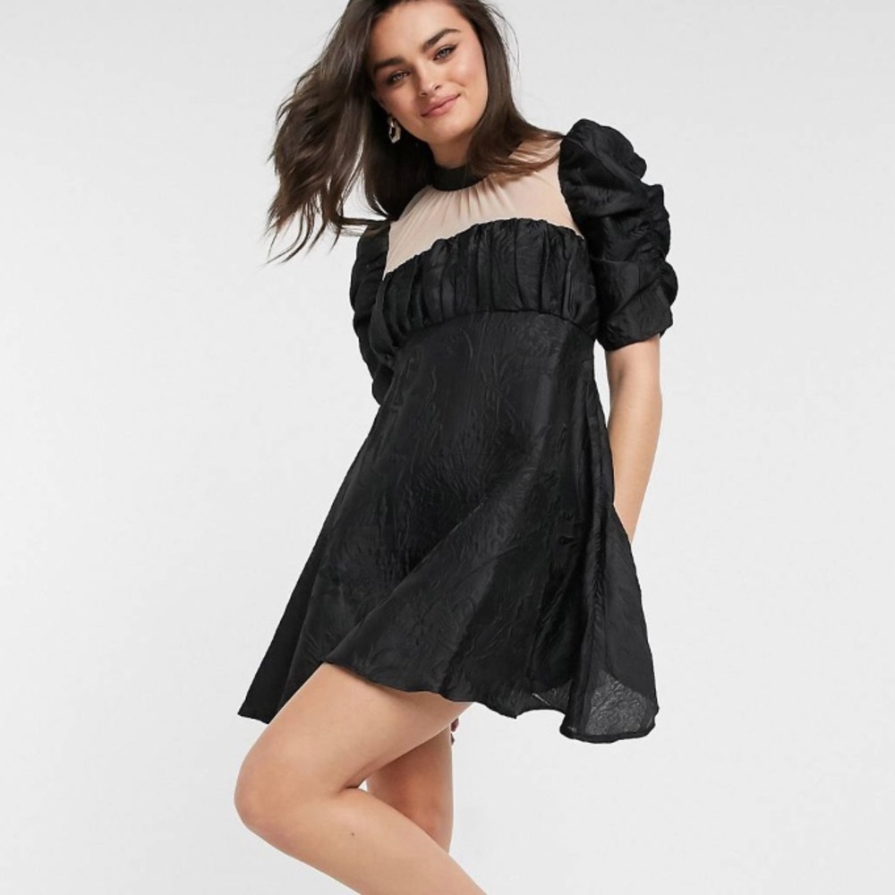 ASOS DESIGN babydoll mini dress with sheer yoke in jacquard in black